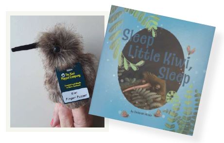 ‘SLEEP LITTLE KIWI SLEEP’: Kiwi Finger Puppet by Erin Devlin. Book by Deborah Hinde.