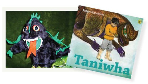 ‘TANIWHA’ BOOK & PUPPET: Taniwha Hand Puppet by Erin Devlin. Free laminated copy of Taniwha song. Book written by Robyn Kahukiwa.