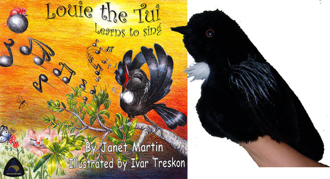 ‘LOUIE THE TUI’ BOOK & PUPPET:  Tui Hand Puppet by Erin Devlin. Book written by Janet Martin.